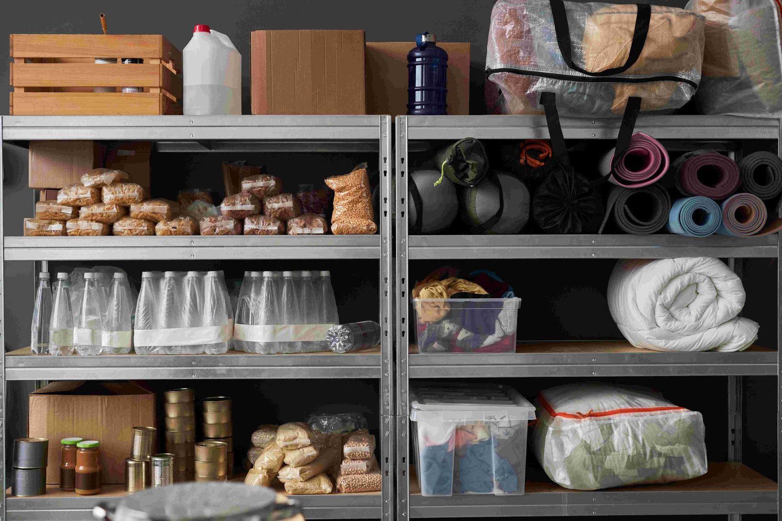 Stacked shelves with food and supplies organized in warehouse storage